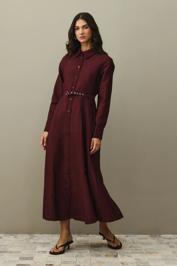 Belted Shirt Dress Burgundy – Fahhar Design