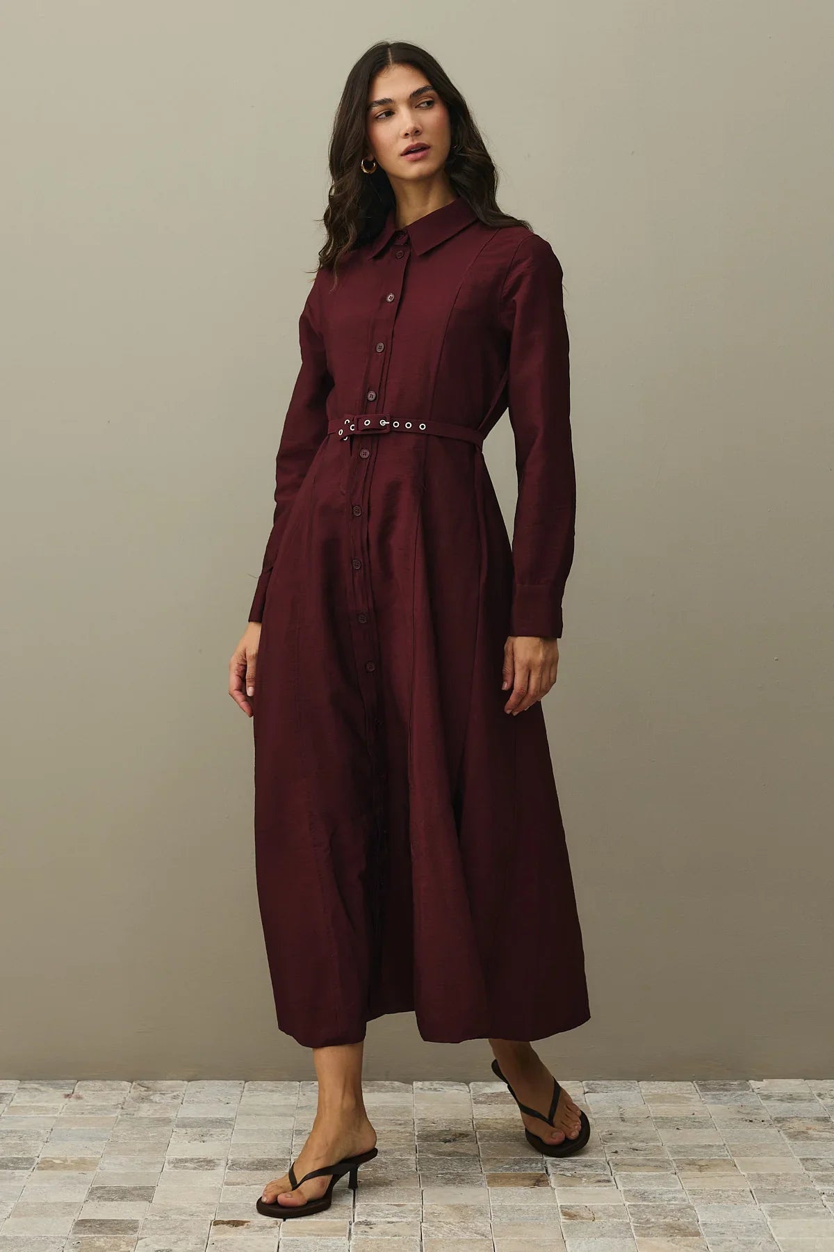 Belted Shirt Dress Burgundy – Fahhar Design