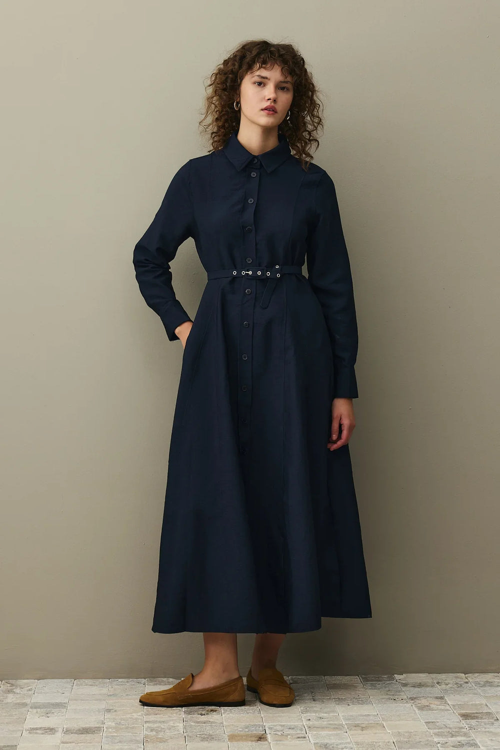 Belted Shirt Dress Navy Blue