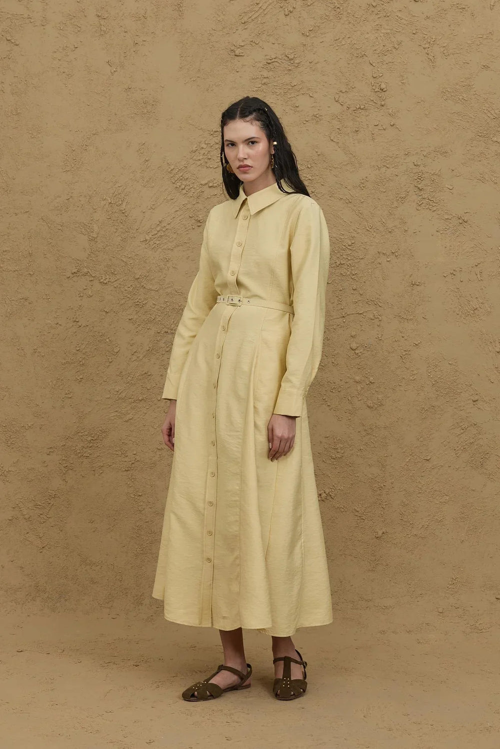 Belted Shirt Dress Yellow