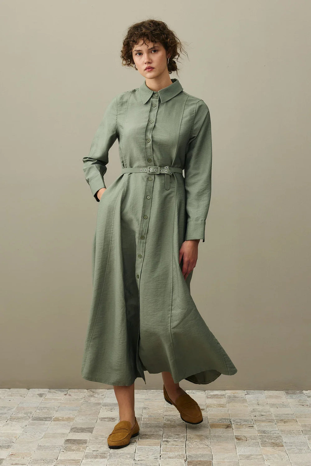 Belted Shirt Dress Green