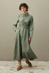 Kemerli Gömlek Elbise Yeşil
