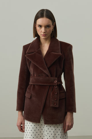 Kemerli Kaşe Blazer Ceket Kahverengi