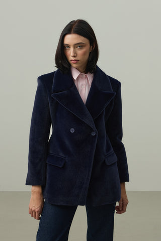 Kemerli Kaşe Blazer Ceket Lacivert