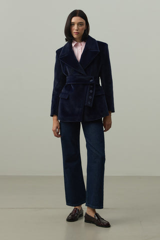 Kemerli Kaşe Blazer Ceket Lacivert