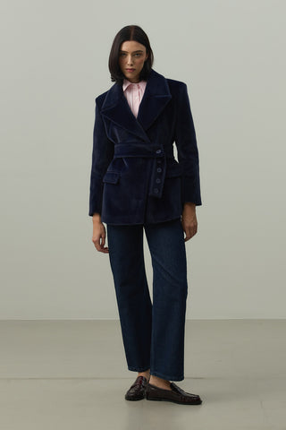 Kemerli Kaşe Blazer Ceket Lacivert