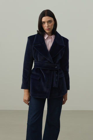 Kemerli Kaşe Blazer Ceket Lacivert