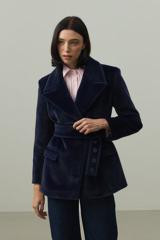 Kemerli Kaşe Blazer Ceket Lacivert