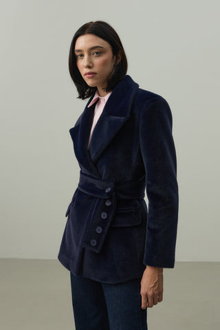 Kemerli Kaşe Blazer Ceket Lacivert