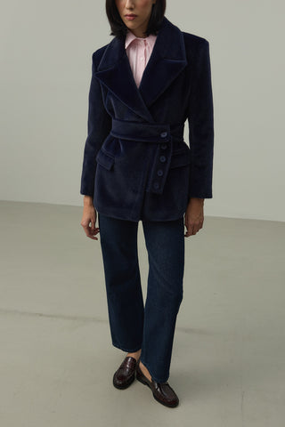 Kemerli Kaşe Blazer Ceket Lacivert