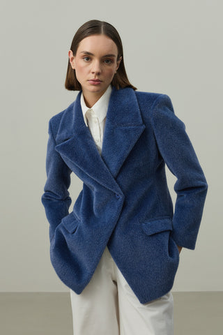 Kemerli Kaşe Blazer Ceket Mavi