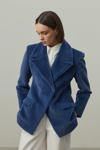 Kemerli Kaşe Blazer Ceket Mavi