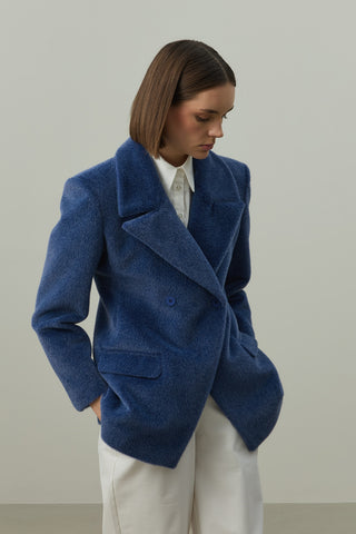 Kemerli Kaşe Blazer Ceket Mavi