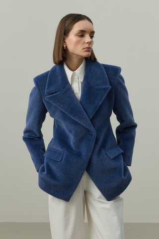 Kemerli Kaşe Blazer Ceket Mavi