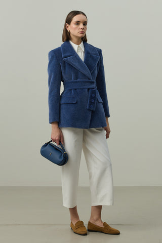 Kemerli Kaşe Blazer Ceket Mavi