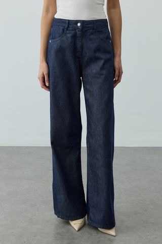 Kenarı Açılımlı Denim Pantolon Lacivert