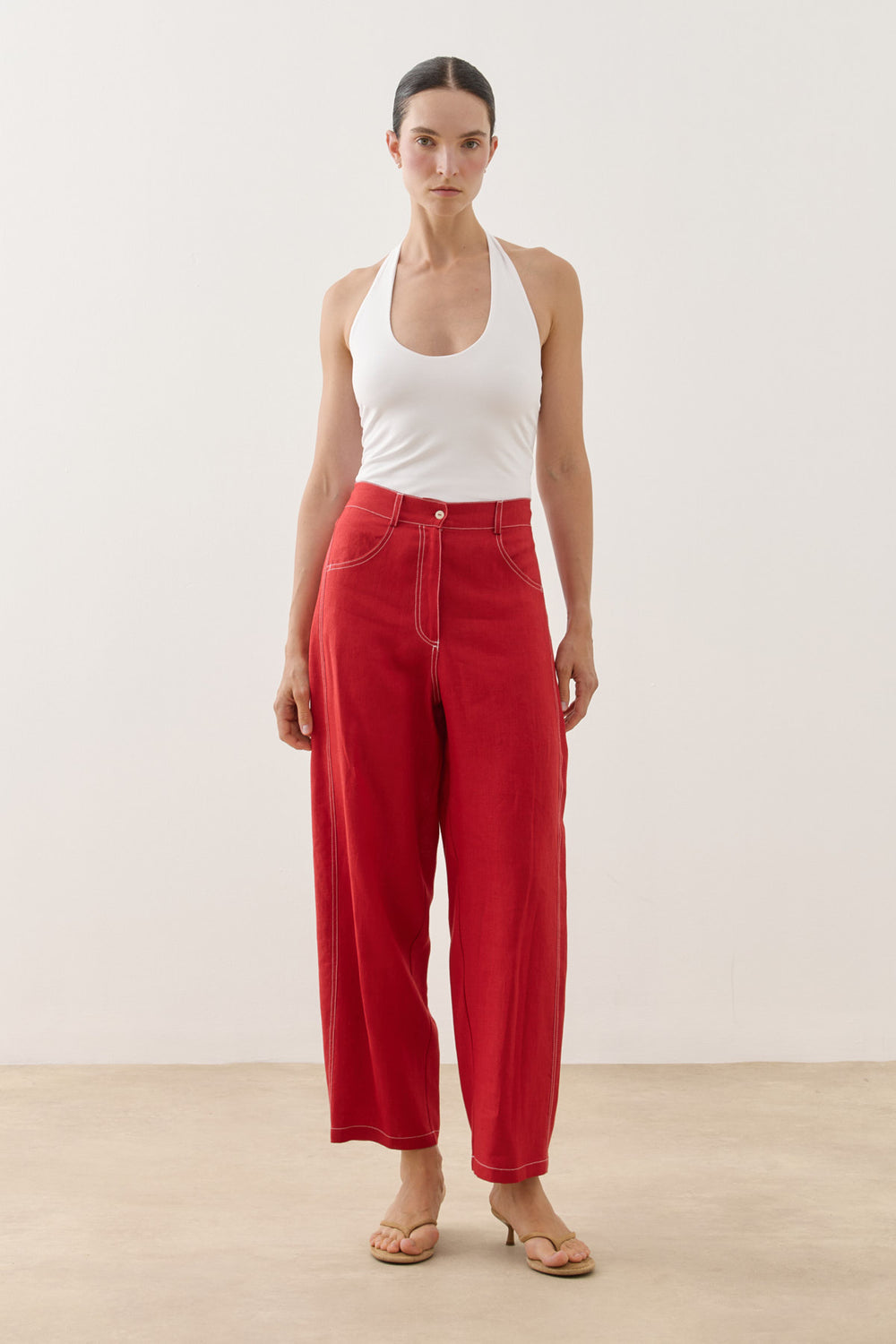 Keten Barrel Pantolon Kırmızı