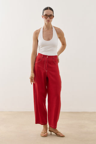 Keten Barrel Pantolon Kırmızı