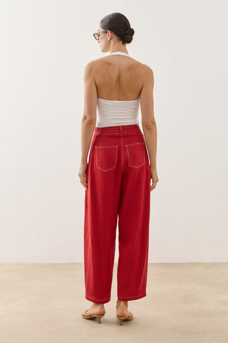 Keten Barrel Pantolon Kırmızı