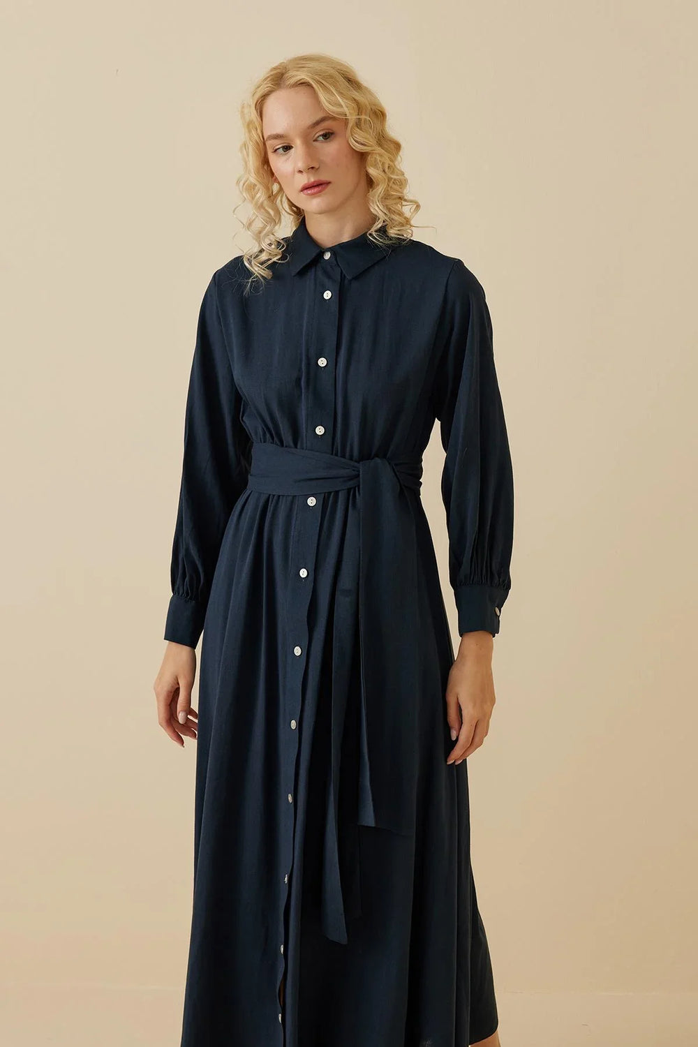 Linen Shirt Dress Navy Blue