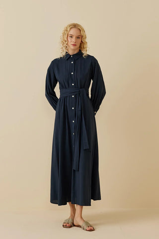 Keten Gömlek Elbise Lacivert - Fahhar Design