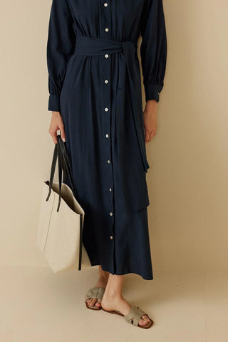 Keten Gömlek Elbise Lacivert - Fahhar Design
