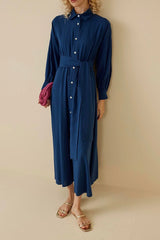Keten Gömlek Elbise Mavi