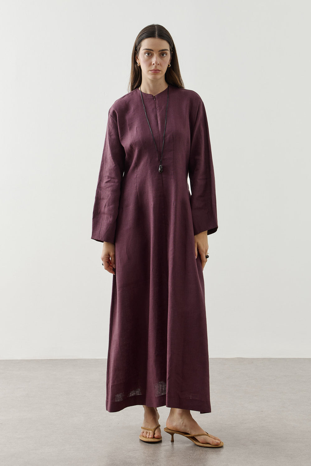 Keten Pensli Fermuarlı Elbise Mürdüm