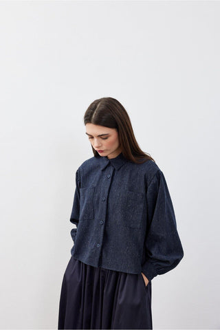 Ketenli Kısa Kadın Gömlek Ceket Lacivert Lacivert