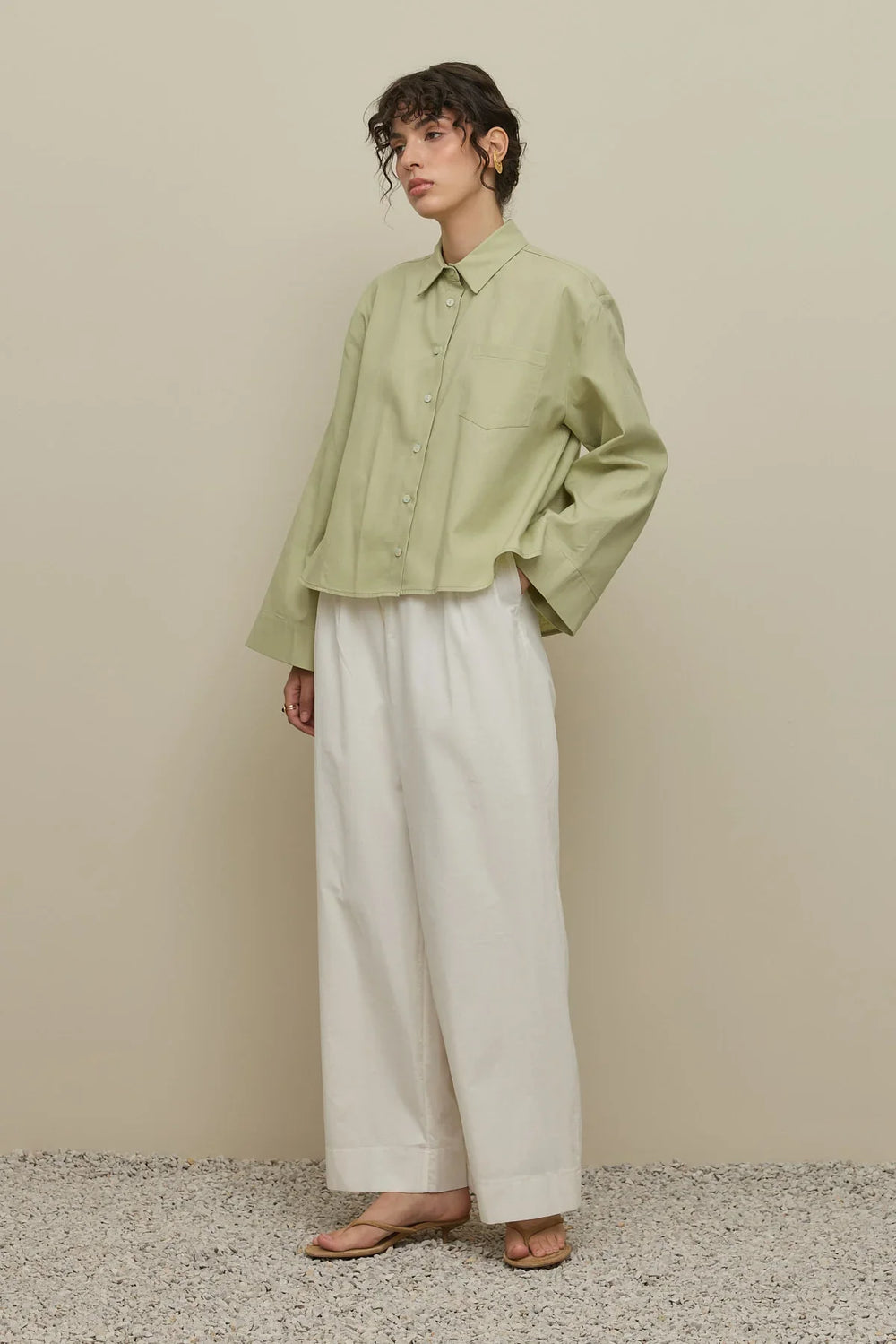 Kimono Sleeve Short Linen Shirt Çağla