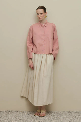 Kimono Kol Kısa Keten Gömlek Pembe