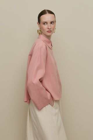 Kimono Kol Kısa Keten Gömlek Pembe