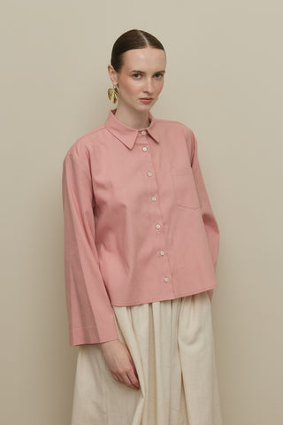 Kimono Kol Kısa Keten Gömlek Pembe
