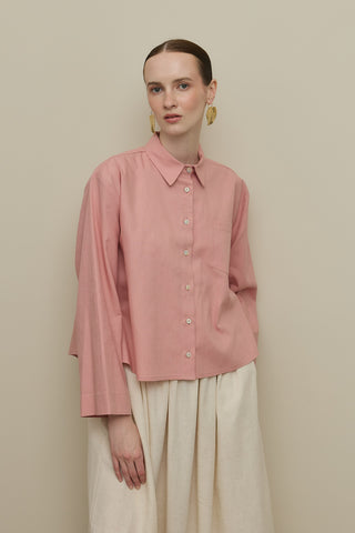 Kimono Kol Kısa Keten Gömlek Pembe