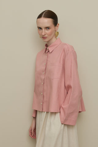Kimono Kol Kısa Keten Gömlek Pembe