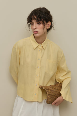 Kimono Kol Kısa Keten Gömlek Sarı