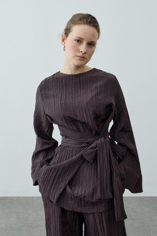 Kıraşlı Bağlamalı Pantolonlu Takım Kahverengi