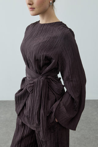 Kıraşlı Bağlamalı Pantolonlu Takım Kahverengi