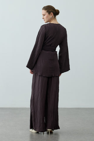 Kıraşlı Bağlamalı Pantolonlu Takım Kahverengi