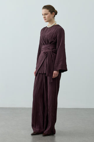 Kıraşlı Bağlamalı Pantolonlu Takım Mürdüm