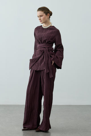 Kıraşlı Bağlamalı Pantolonlu Takım Mürdüm