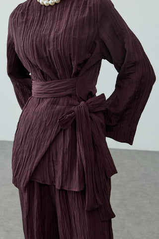 Kıraşlı Bağlamalı Pantolonlu Takım Mürdüm