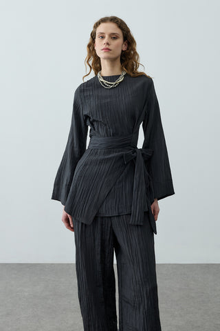 Kıraşlı Bağlamalı Pantolonlu Takım Siyah