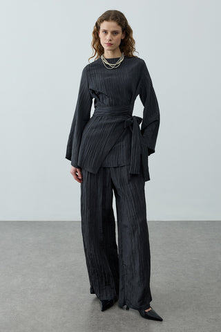 Kıraşlı Bağlamalı Pantolonlu Takım Siyah