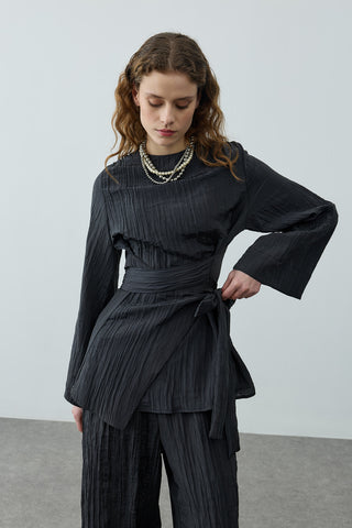 Kıraşlı Bağlamalı Pantolonlu Takım Siyah