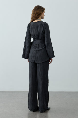 Kıraşlı Bağlamalı Pantolonlu Takım Siyah