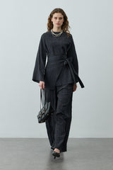 Kıraşlı Bağlamalı Pantolonlu Takım Siyah