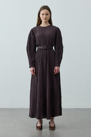 Kıraşlı Kaplama Kemerli Elbise Kahverengi