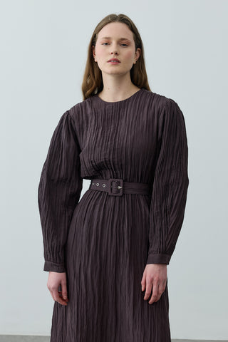 Kıraşlı Kaplama Kemerli Elbise Kahverengi