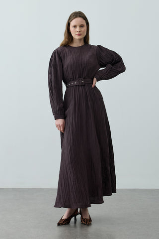 Kıraşlı Kaplama Kemerli Elbise Kahverengi